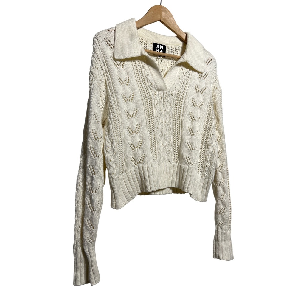 Alp N Rock Cream Cable Knit Collared Cropped Sweater Women's Size M Rtl:$325